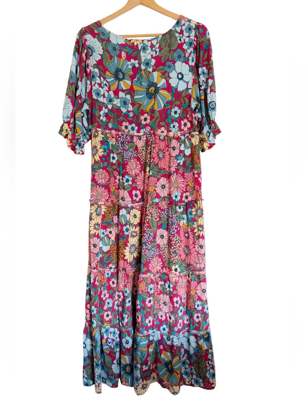 Natural Life Collette Tiered Blue Red Floral Boho Maxi Dress size S - Picture 2 of 6